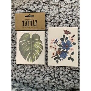 3 New Tattly Temporary Fake Tattoos By Real Artists 2 Leaf, 1 Floral Butterfly